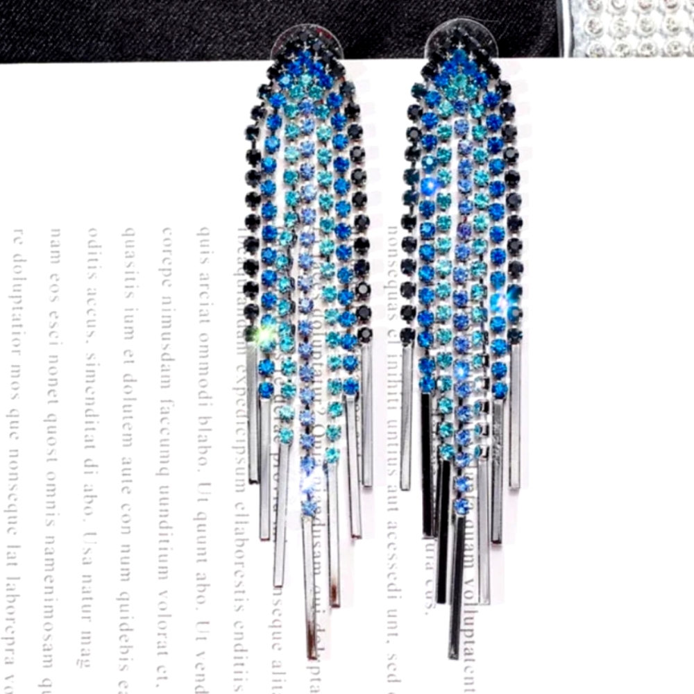 BLUE GLAM RHINESTONE FRINGED EARRINGS BLING SPARKLE PARTY BLACK DANGLE FANCY